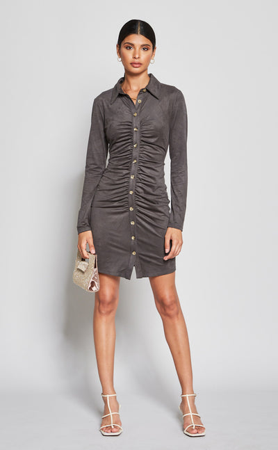 Suede Button Up Ruched Dress