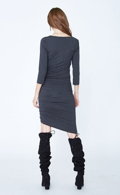 3/4 Slv Ruched Asymmetrical Dress