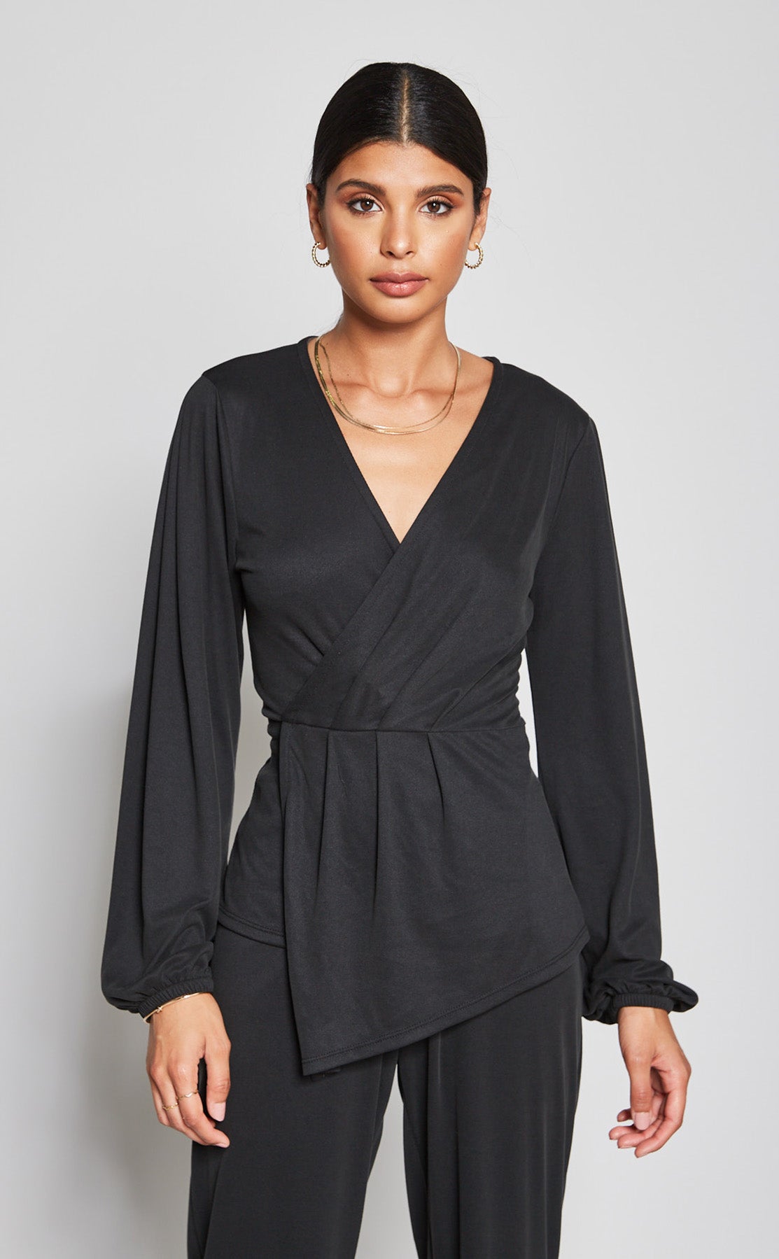 Long Sleeve Top with Pleated Front