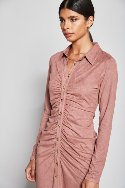 Suede Button Up Ruched Dress