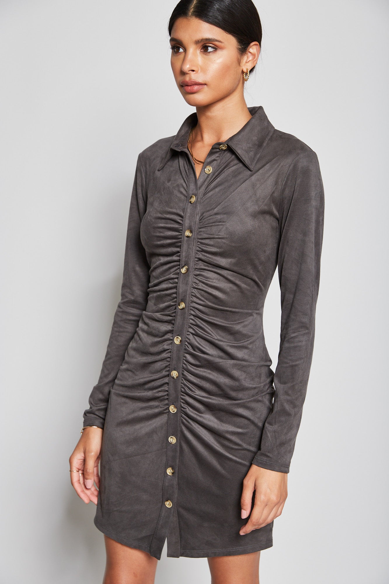 Suede Button Up Ruched Dress