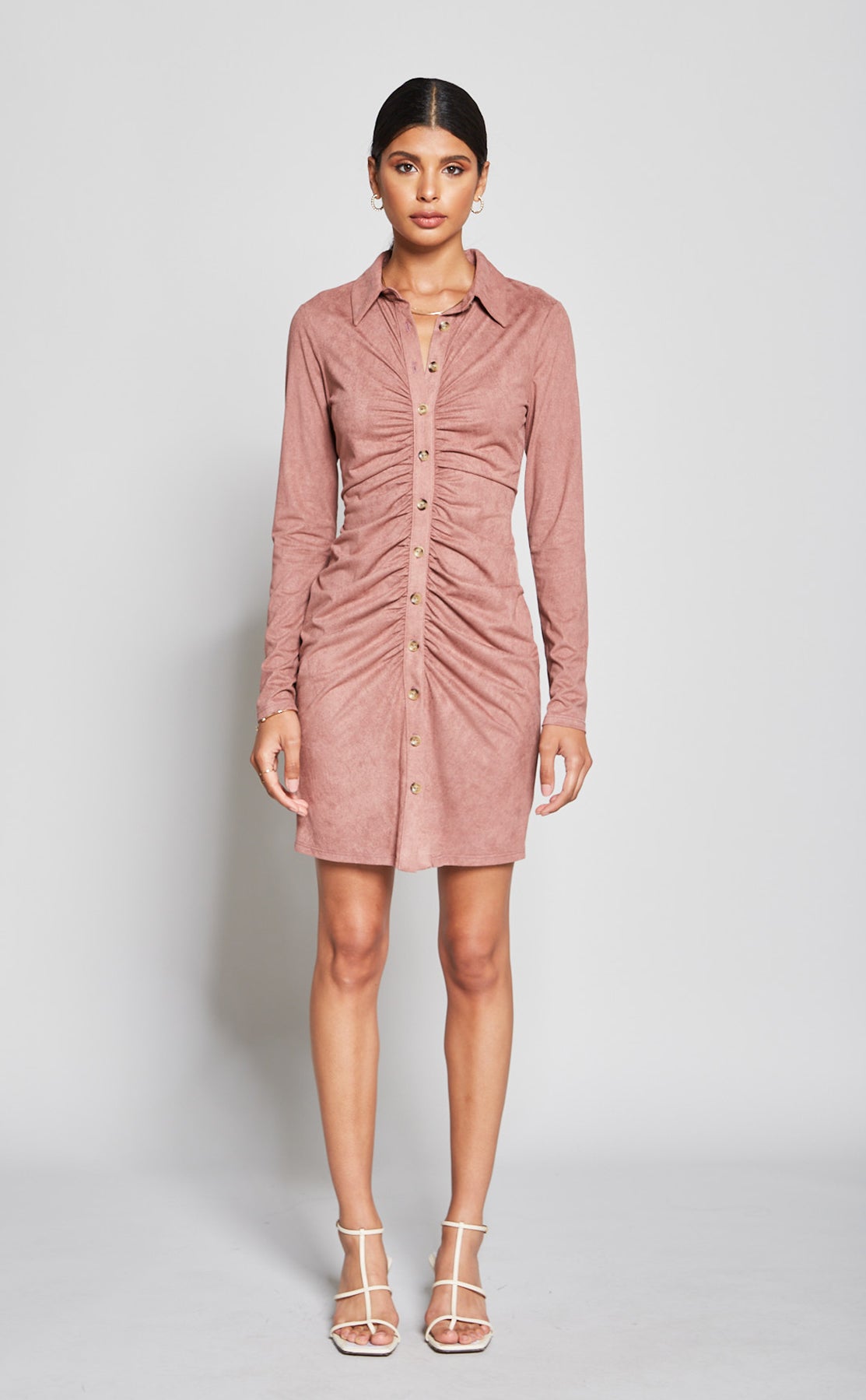 Suede Button Up Ruched Dress